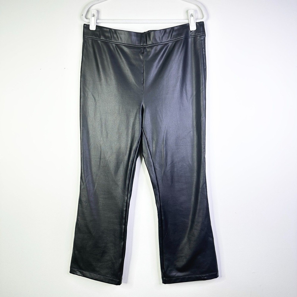 LOFT Faux Leather Pant Women L Black Cropped Flare Stretch Vegan High Rise Indie